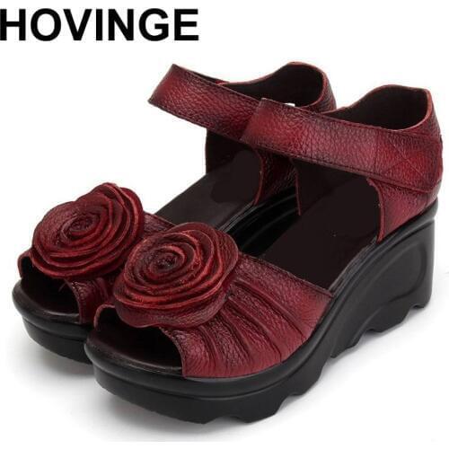 HOVINGE Genuine Leather Women Shoes Sandals Wedges Sandals Handmade Genuine Leather Platform Women Sandal