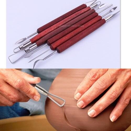 6PCS Pottery Art Sculpting Tools Wood Handle Wax Carving Clay Tools Sculpt Smoothing Polymer Shapers Pottery Clay Ceramic Tools