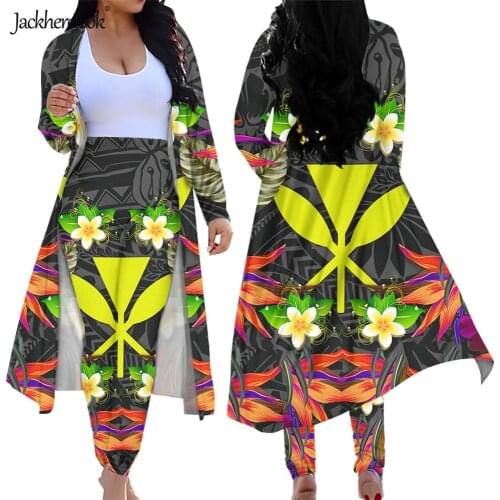 Jackherelook Hawaiian Hibiscus Plumeria Floral 2 Piece Set Women Cardigan Long Trench Tops Bodycon Pants Suit Two Piece Outfits