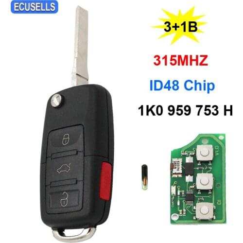 3+1/4 Buttons Remote Key Smart Car Key 1K0 959 753 H 315Mhz 1K0959753H ID48 Chip HU66 Uncut Blade for VW Rabbit Jetta GTI Golf
