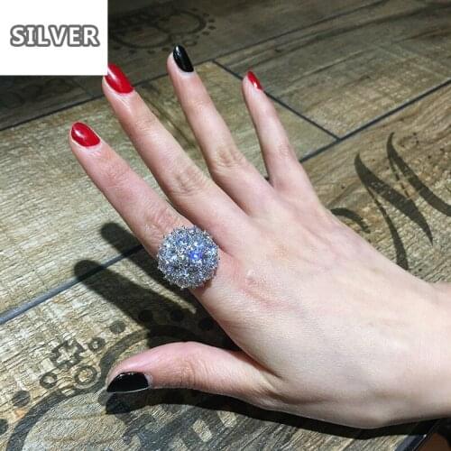 Luxury Big Full Zircon Stone Ring Female 925 Silver Engagement Ring Vintage Party Wedding Band Crystal Flower Rings For Women