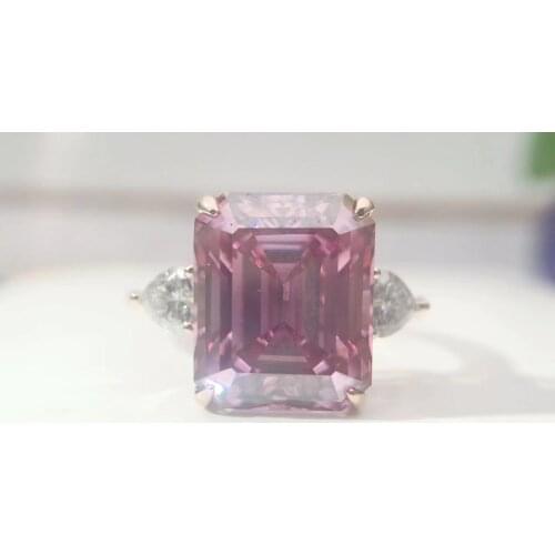 VVS D color women 18K gold 750 rectangle shaped pink mozanstone 8 carats luxury womens ring extra large carats