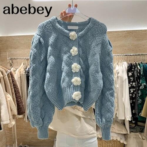 2021 Autumn Winter O-neck Short Knitted Shirt All-Match Twist Three-Dimensional Flower Sweater Cardigan for Women