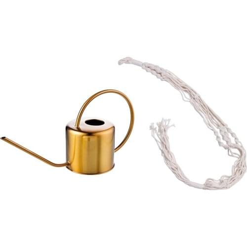Watering Can Stainless Steel 1300Ml Small Water Bottle Easy To Use Handle With Macrame Plant Hangers Indoor