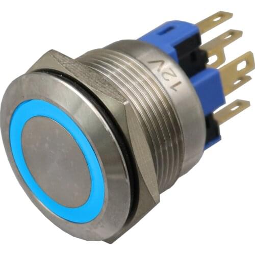 1Pcs 22MM Metal Switch illuminated Ring with Blue LED 12V Indication Momentary Push Button Waterproof