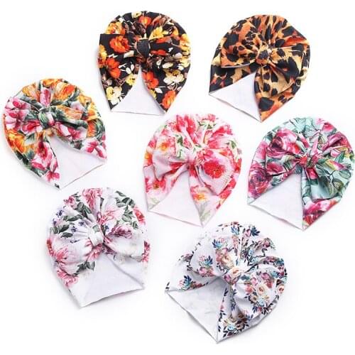 Cute Flower Printed Baby Hat Big Bows Infant Baby Girl Bonnet Hat Soft Spring Autumn Winter Toddler Turban Beanies Cap Headwrap