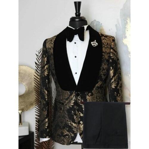 2021 Men Tuxedo Slim Fit Black Gold Jacquard Suit Wedding Groom Shawl Lapel 2 Pieces Slim Fit Jacket Party Prom Singer Costume