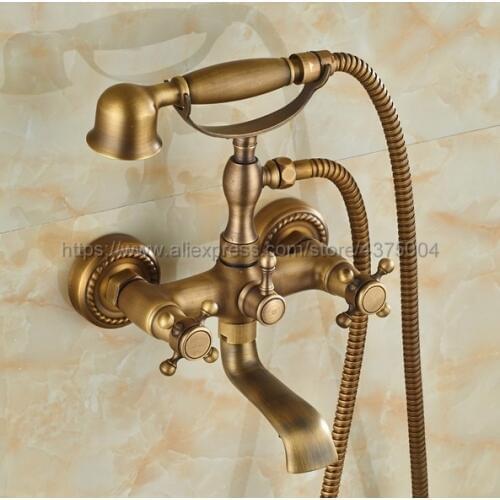 Wall Mounted Antique Brass Double Handle Bathroom Bathtub Faucet with Handheld Spray Shower Hot and Cold Water Ntf024