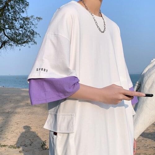 2021Summer Korean new fake two-piece splicing T-shirt male niche design retro trend all-match loose five-point sleeve top