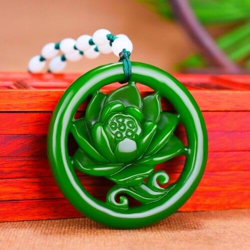 Natural Green Hand Carved Hollow Lotus Jade Pendant Fashion Jewelry Mens and Womens Necklaces