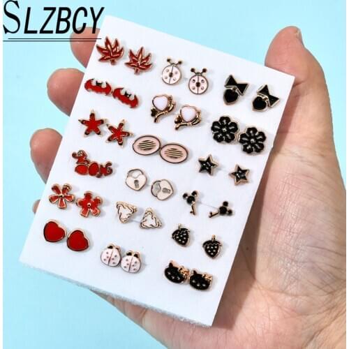 18pairs/lot Cute Heart Animal Small Stud Earrings Set for Women Acrylic Geometric Round Star Earring Brinco Fashion Jewelry 2020