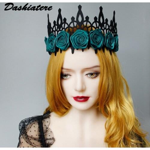 Teal Ribbon Rose Crown Princess Flower Tiara Headdress Adult Hair Accessories Halloween Dance Party Supplies Studio Photo Props