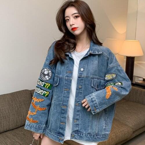 Diamond beaded denim jacket spring and autumn new womens denim jacket loose jacket Y680
