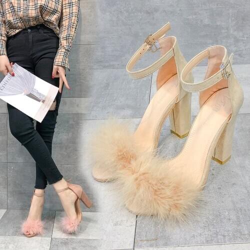 Ankle Strap Super high heels Faux Fluffy Rabbit Fur Women Sandals 10 CM High Heel Summer Lady Shoes Pumps Zapatos Mujer uik9