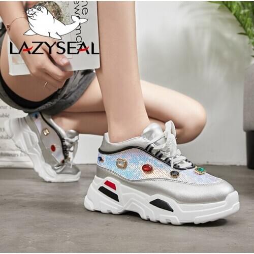 LazySeal Crystal Diamonds Ankle Boots For Women Shoes Thick Soled Round Toe Bling Shoes Platform Lace-up Flat Heel Women Sneaker