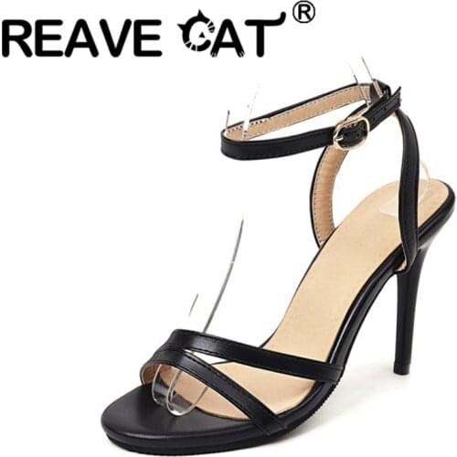 REAVE CAT 2021 Elegant Sandals Ankle Buckle Strap Narrow Band Open Toe 9.5cm Stiletto Heel Shoes US19 Black Green White A4245
