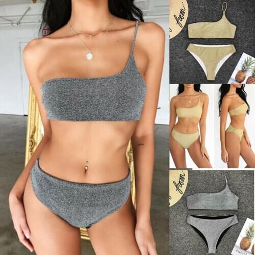 Women Bandage Bikini Set Shiny Sequin One Shoulder Padded Push Up Bikini Bra Swimsuit Bathing Beachwear Swimwear 2 Piece