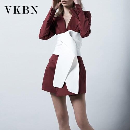VKBN Blazers for Women Wine Red Long Sleeve Turn-down Collar Spring Autumn Irregular Waist Sashes 2021 Designer Jacket Women