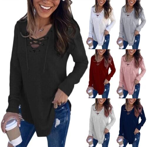 Women Casual Solid Plain color V Neck Long Sleeve Sweatshirt Loose Pullover Top Hooded Sweatshirt hoodies For Womens Clothing