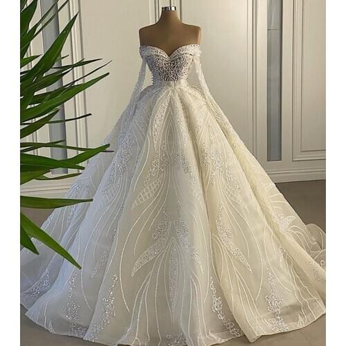 Romantic Long Sleeve Lace Pearls Ball Gown Wedding Dress 2021 Sexy Sweetheart Neck Cap Sleeve Wedding Bridal Gowns