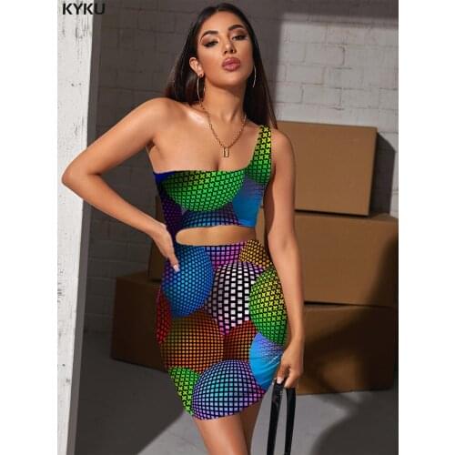 KYKU Brand Colorful Dress Women Dots Bodycon Dress Harajuku Pleating Novel 3d Print Womens Clothing Club New Korean Style Femme