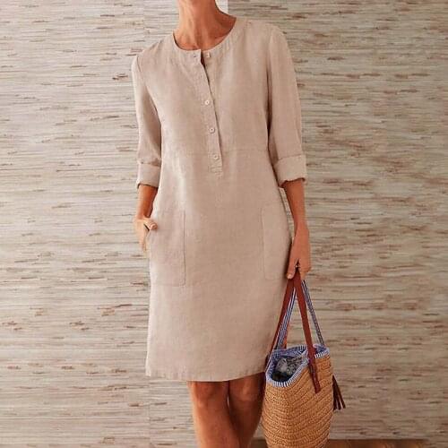 Oversized Dress Women Solid Pocket Cotton And Linen Long Sleeve O-neck Street Mid-length Vintage Dress Casual Loose Dress Femme