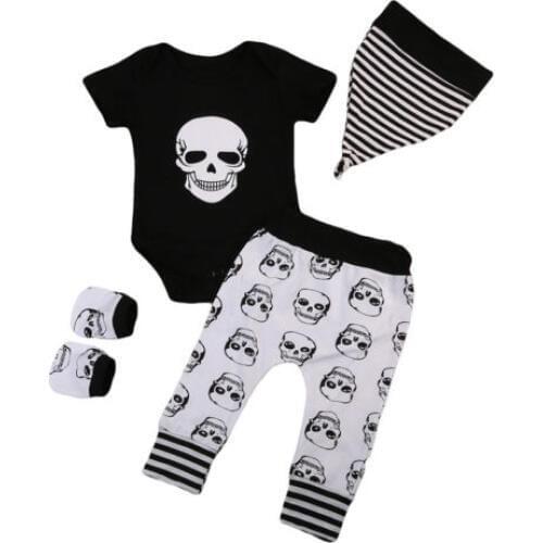 4pcs Newborn Baby Boy Skull Print Romper Jumpsuit Tops+Long Pants Casual Outfits Funny Cotton Clothes 0-18M