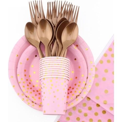 51Pc/Set Pink Polka Dot Hot Stamping Theme Disposable Tableware Baby Shower Birthday Decoration Napkin Plate Cups Party Supplies