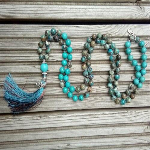 8mm Agate Turquoise Gemstone 108 Beads mala Tassel Necklace Spiritua Tibetan Buddhism Yoga Classic