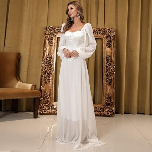 Satin Chiffon Stitching White Dress Lantern Sleeve Square Collar Maxi Dresses Elegant For Wedding Banquet Summer Women Clothing