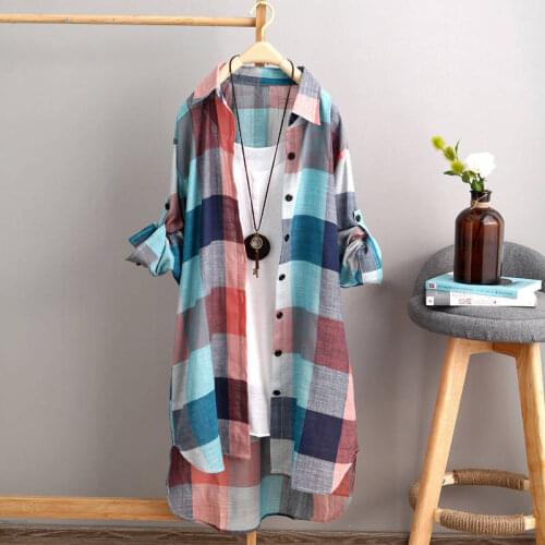 Blouse Women Shirt Plaid Women 2021 Spring-Summer Top Baggy Coat Female Blusas Mujer De Moda
