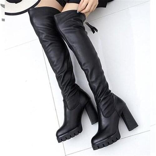 Black Sexy Over The Knee Boots Women High Heels Shoes Ladies Thigh High Boots Autumn Winter Leather Long Booties Female Pumps