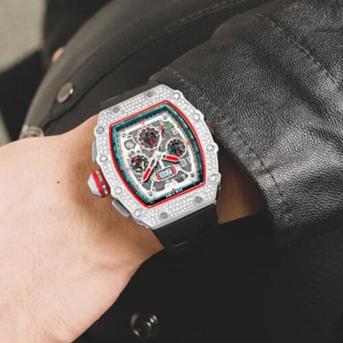 New Sport Watch Men Chronograph Diamond Tonneau Mens Wacthes Top Brand Luxury Military Silver Wristwatch Reloj Relogio Masculino