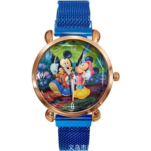 Disney Mickey Minnie childrens watches Magnet stainless steel mesh Lazy convenient strap band quartz wristwatch birthday gifts