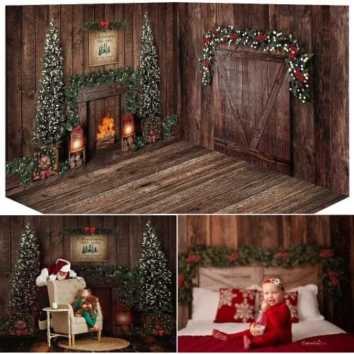 Winter Merry Christmas Photography Backdrop Fireplace Christmas Tree Birthday Background Rustic Xmas Family Party Portrait Props