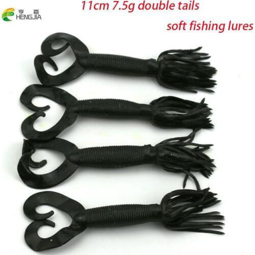 HENGJIA 50pcs 11cm 7.5g black grub worm double tail soft plastic fishing lures wobble fishing baits pike pesca fishing tackles