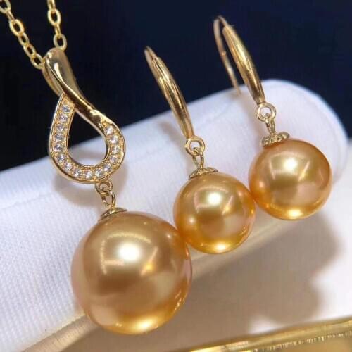 D1002 Pearl Set Fine Jewelry Solid 18K Gold 8-14mm Nature Fresh Water Edison Golden Pearls Jewelry Sets for Women Fine Presents