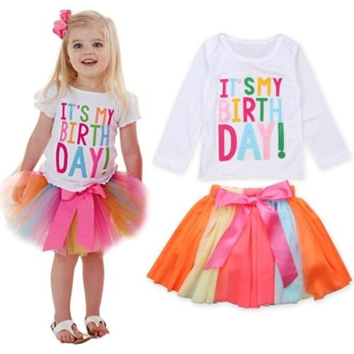 Y5Y6 Girls summer Clothes Set Long Sleeve T-shirt rainbow Skirt 2 Pcs Clothing Suit Bow Baby Outfits for Kids Girls Clothes 1-6y