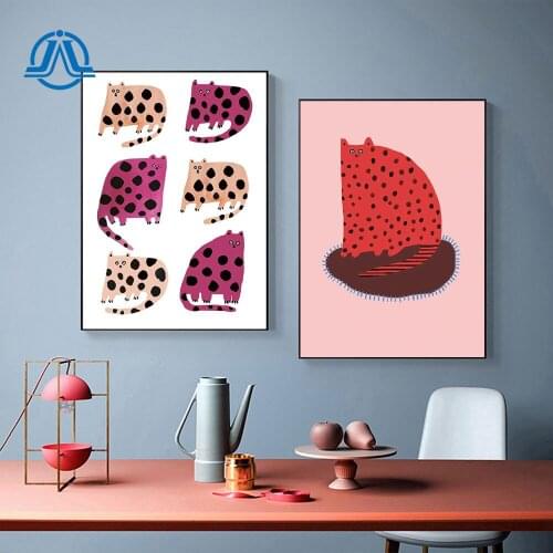 Cartoon Posters Prints Red Polka Dot Cat Canvas Painting Nordic Minimalist Modern Pictures For Bed Room On The Wall Decoration