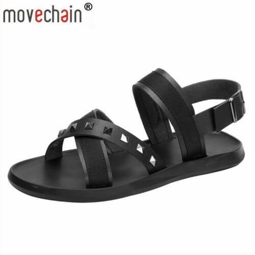 Movechain Mens Summer Genuine Leather Sandals Mens Fashion Cross-Strap Rivets Shoes Man Flats Black White
