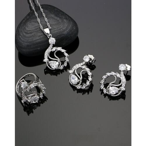 Natural White CZ White Crystal 925 Silver Jewelry Set for Women Earrings with Stone Ring Pendant Necklace Set