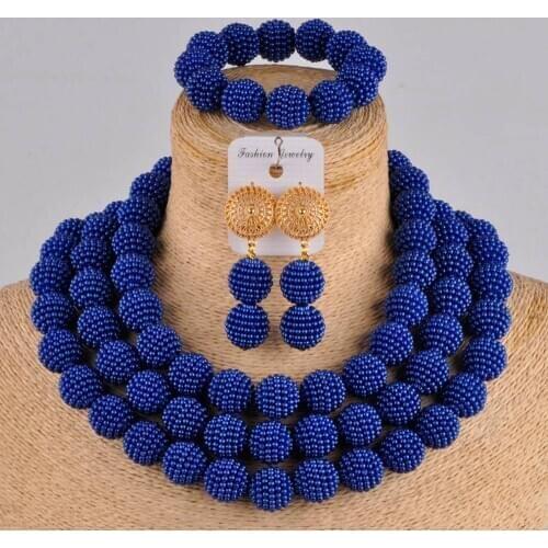 Nigeria wedding royal blue african jewelry set for women imitation pearl beads necklace earrings sets FZZ03