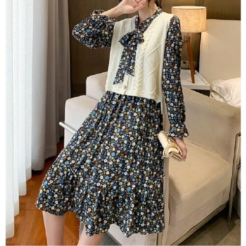 New Korean Version Of Broken Flower Spring And Autumn Chiffon Dress Womens Long Sleeve Waist Long Skirt