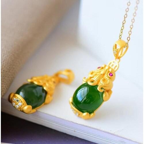 New Gift S925 Silver Inlaid Hetian Jade White Jade Spinach Green Necklace Pendant Amass Fortunes Ancient Gol