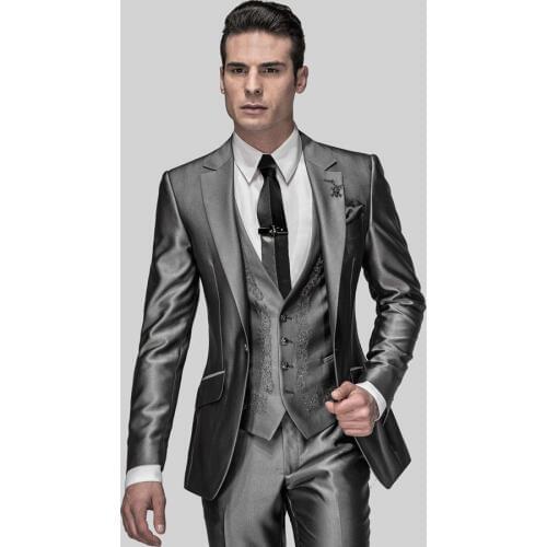 New Style Groom Tuxedo Groomsmen Shiny Gray Wedding/Dinner/Evening Suits Best Man Bridegroom (Jacket+Pants+Tie+Vest) B67