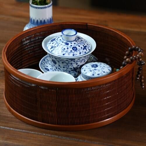 Handmade Weave Durable Natural Bamboo Storage Box For Tea Cup Teapot Retro Tabletop Storage Basket For Fruit Dessert Snacks