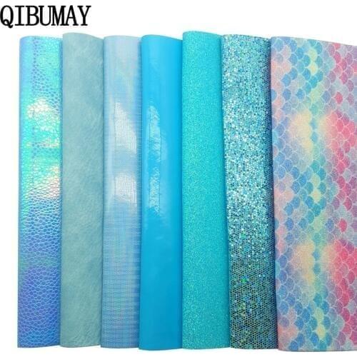 QIBU Blue PU Leather Chunky Glitter Fabric Mermaid Shiny Multi Size DIY Hair Bow Fabric Handmade Bags Shoes Accessories Leather
