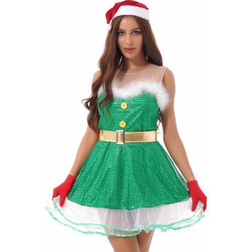 Christmas Women Fancy Dresses Miss Santa Claus Outfits Theme Party Cosplay Costumes Sleeveless Fashion Adult Ladies Xmas Dress