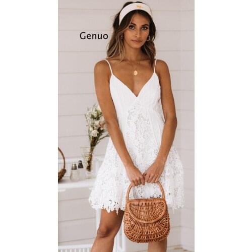 Sexy White Dress Women Spaghetti Strap Lace Mini Dress Deep V Backless Lace Up Clubwear Party Beach Dresses Vestidos