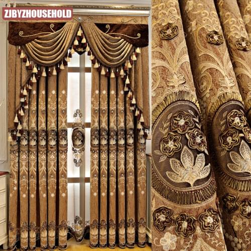 European Style Curtains for Living Dining Room Bedroom Coffee Color Chenille Villa Embroidered Valance Curtains